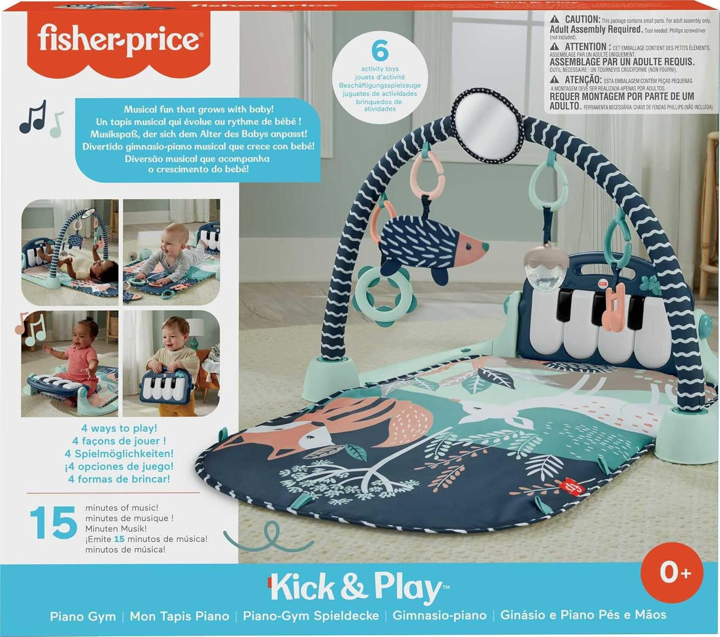 Fisher-Price Baby-Spielmatte „Glow and Grow Kick & Play Piano Gym“, blaues musikalisches Lernspielzeug mit Entwicklungsaktivitäten für Neugeborene ab 0 Monaten