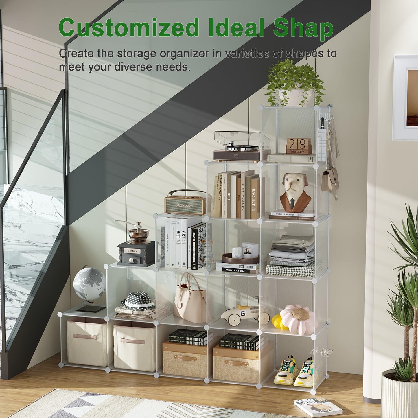 C&AHOME Cube Storage Organizer, 16-Cube Shelves Units, Plastic Storage Cubes, DIY Closet Organizer, Modular Closet Storage Shelves Ideal for Home, Bedroom, 48.4" L × 12.4" W × 48.4" H Black SUM3016H