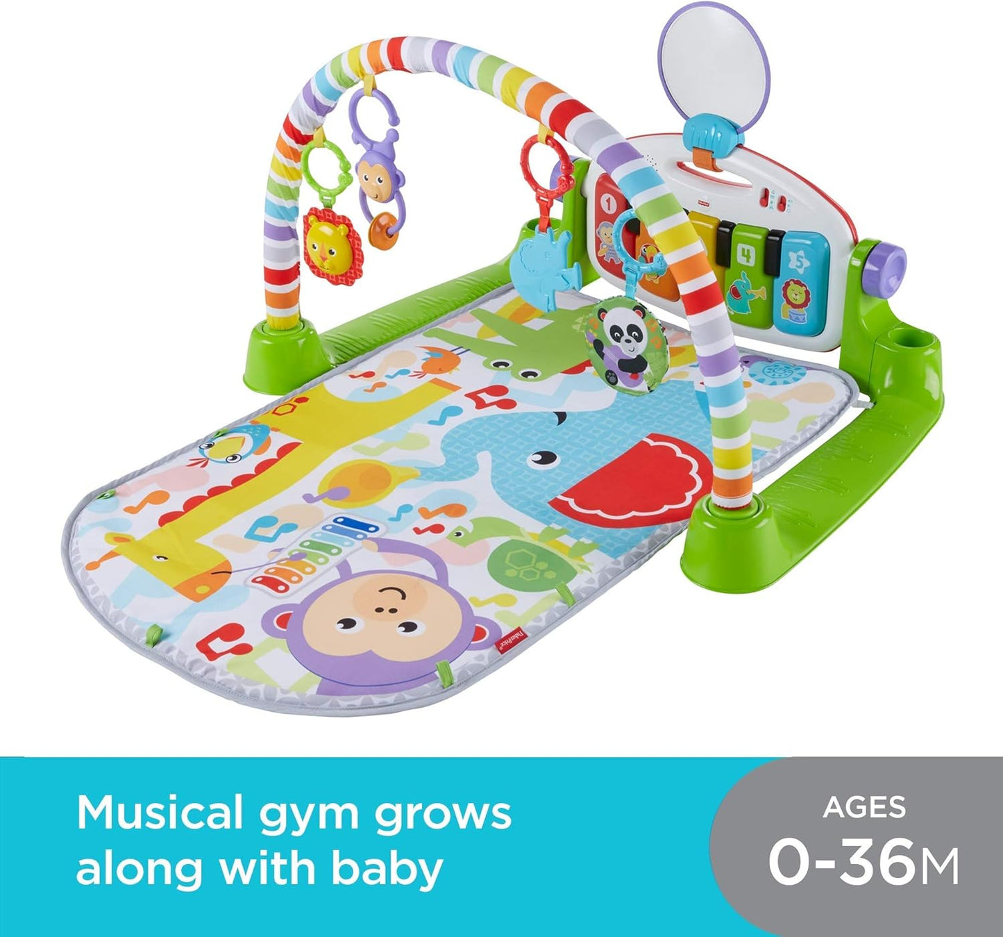 Fisher-Price Baby-Spielmatte „Glow and Grow Kick & Play Piano Gym“, blaues musikalisches Lernspielzeug mit Entwicklungsaktivitäten für Neugeborene ab 0 Monaten