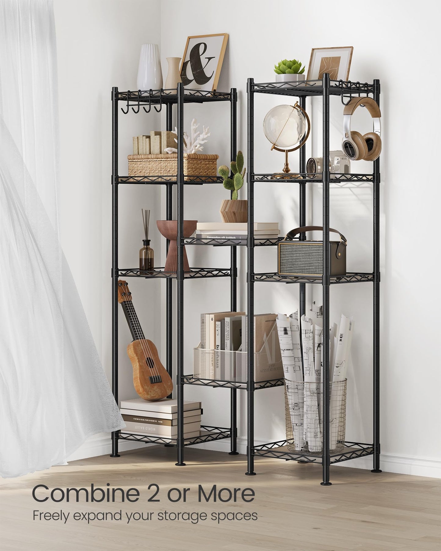 SONGMICS Storage Shelf, Small Metal Wire Shelving Unit, Adjustable Shelves, for Small Spaces, Garage, Bedroom, Living Room, Kitchen, Pantry, 5 Tier, 11.8 x 11.8 x 47.6 Inches, Ink Black ULGR123BH01