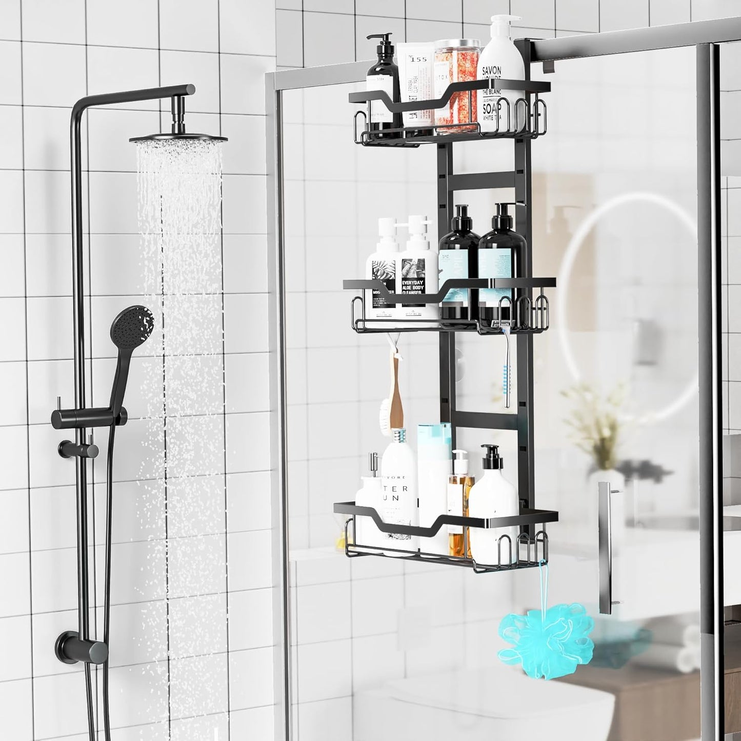 Moforoco Shower Caddy Shelf Organizer Rack, Self Adhesive Black Bathroom Shelves Basket, Home Farmhouse Wall Shower Inside Organization and Storage Decor Rv Accessories, First Apartment Essentials