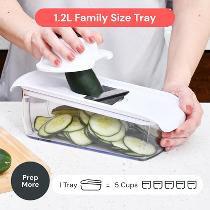 Fullstar Gemüsehacker und Mandolinenschneider - Julienne-Schneider, Würfelschneider, Reibe für Lebensmittel, Gemüse, Zwiebeln, Gurken, Tomaten, Salat, Kartoffeln, Käse - Küchenutensilien & Gadgets (Kompakt 6-in-1, Weiß)
