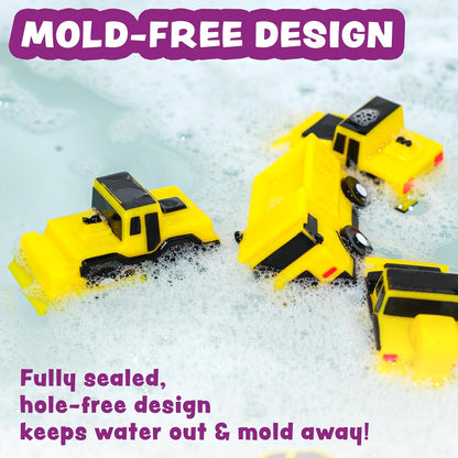 Tub Works® Construction™ Trucks Schimmelfreies Badespielzeug, 6er-Pack | Versiegeltes Design ohne Löcher hält Feuchtigkeit fern | Weich, quetschbar und schwimmt auf dem Wasser | Baby- und Kleinkind-Badespielzeug | Kinderauto-Spielzeug