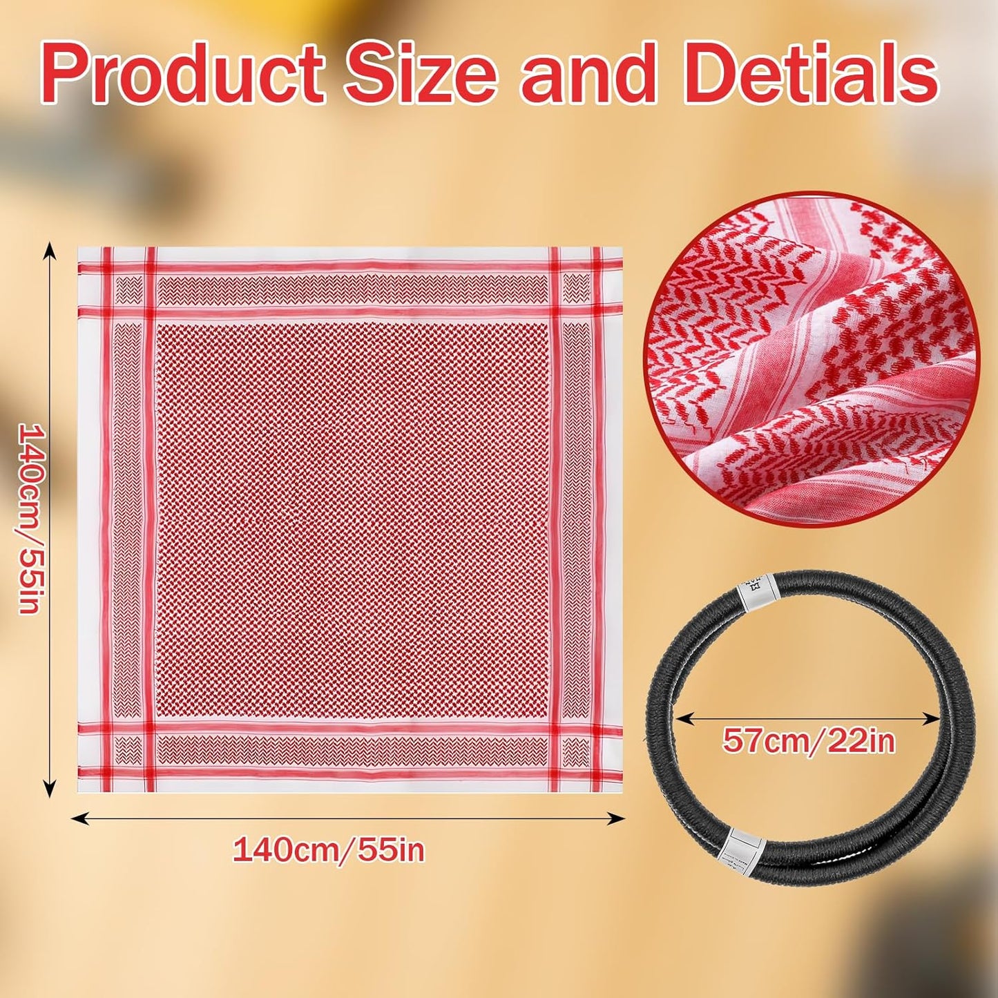 2 Stück Herren Arabisch Shemagh Kopftuch mit Aqel Seil Muslimische Kufiya Keffiyeh Mittelöstliche Kopfbedeckung Mittlerer Osten Wüstenscheich-Tuch Arabisches Kostüm, 55 x 55 Zoll, 2 Muster