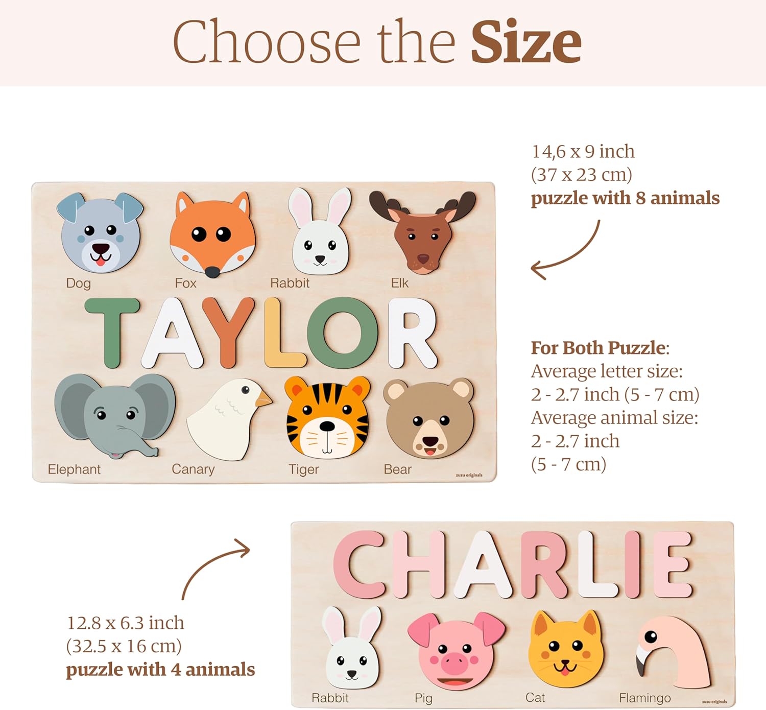 Zuzu Puzzle Personalized Name Puzzle for Toddlers 1-3 | Safari, Farm & 12 Themes | Handmade Wooden Montessori Toy, Keepsake Nursery Decor & Perfect 1st Birthday Gift for Boy Girl