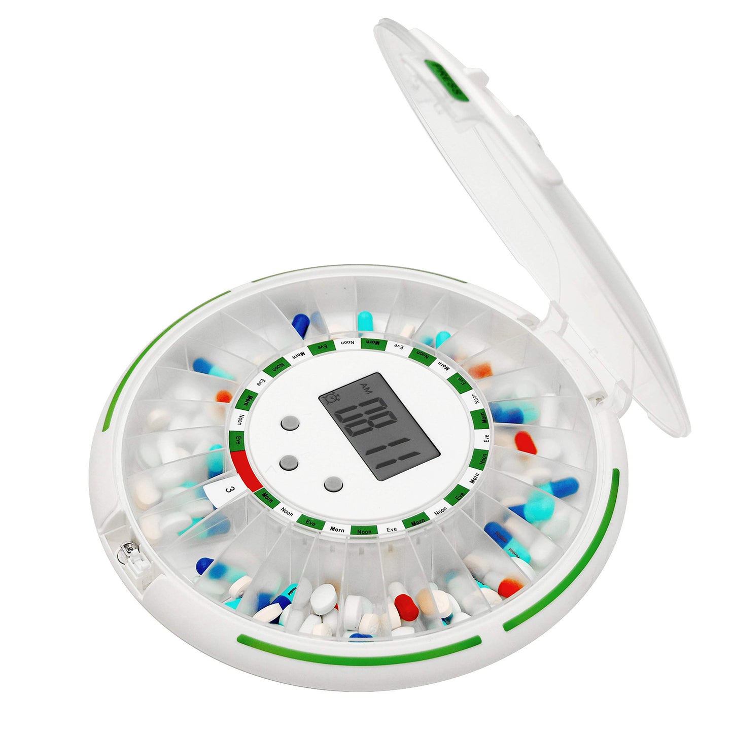 Automatic Pill Dispenser with Flashing Light, Sound, Alarm and Safety Lock, 28-Day Electronic Medication Organizer – Dispense Vitamins and Tablets Up 6 Times/Day – Easy Read Display (Frosted)