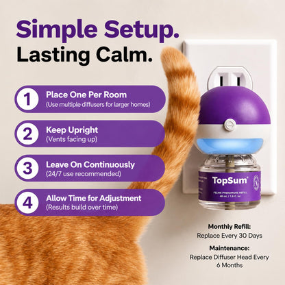 TopSum Cat Calming Pheromone Diffuser: Feline Pheromones Plug in for Stress, Alone At Home, Spraying, Fighting, Scratching, Aggression & Excessive Meowing (Purple– 6 Refills)