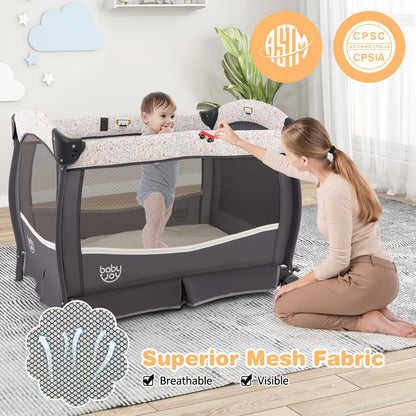 BABY JOY 4 in 1 Pack and Play, Portable Baby Playard with Bassinet & Flip-Away Changing Table, Canopy, Portable Bedside Crib with Storage Basket, Oxford Bag, Infant Bassinet from Newborn to Toddlers