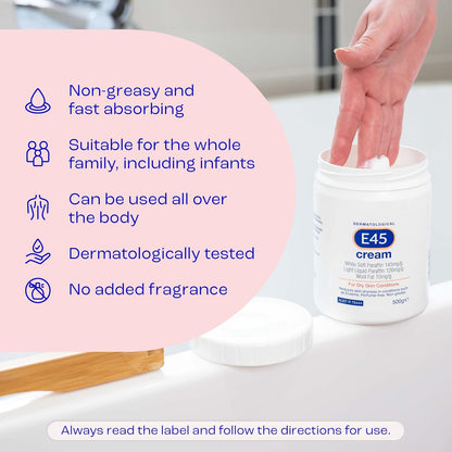 E45 - Dermatological Cream For Dry Skin Conditions ; Non Greasy Emollient ; Hypoallergenic ; 350g