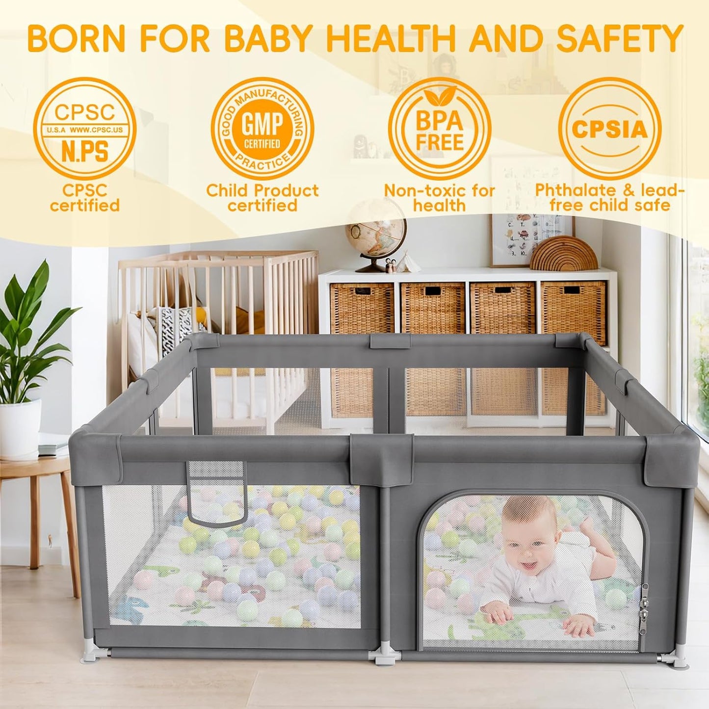 Palopalo Baby Laufgitter, 180x150cm Extra Großer Laufstall für Babys und Kleinkinder, Baby-Aktivitätszentrum mit 8 Saugnapfbasen, Baby-Laufstall mit Tür und weichem, atmungsaktivem Netz, Ohne Matte