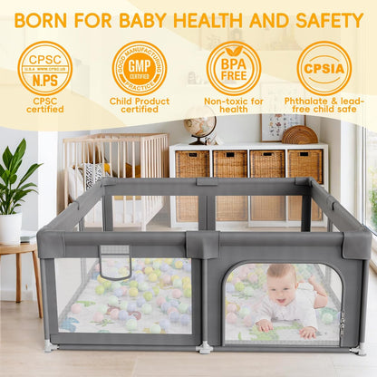 Palopalo Baby Laufgitter, 180x150cm Extra Großer Laufstall für Babys und Kleinkinder, Baby-Aktivitätszentrum mit 8 Saugnapfbasen, Baby-Laufstall mit Tür und weichem, atmungsaktivem Netz, Ohne Matte