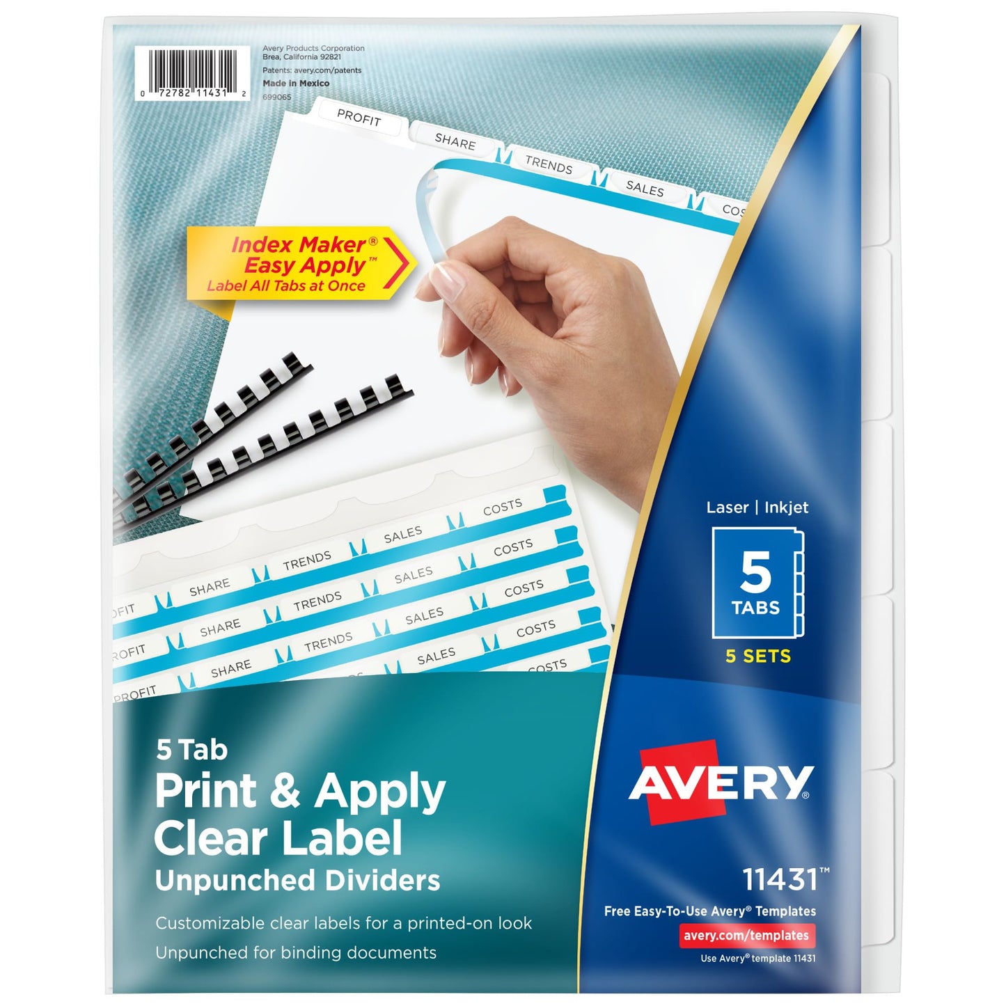 Avery 8 Tab Unpunched Dividers for Use with Any Binding System, Easy Print & Apply Clear Label Strip, Index Maker Customizable White Tabs, 150 Sets Total (6 Packs of 11444)