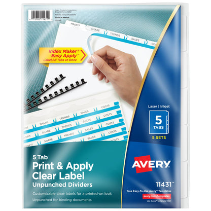 Avery 8 Tab Unpunched Dividers for Use with Any Binding System, Easy Print & Apply Clear Label Strip, Index Maker Customizable White Tabs, 150 Sets Total (6 Packs of 11444)