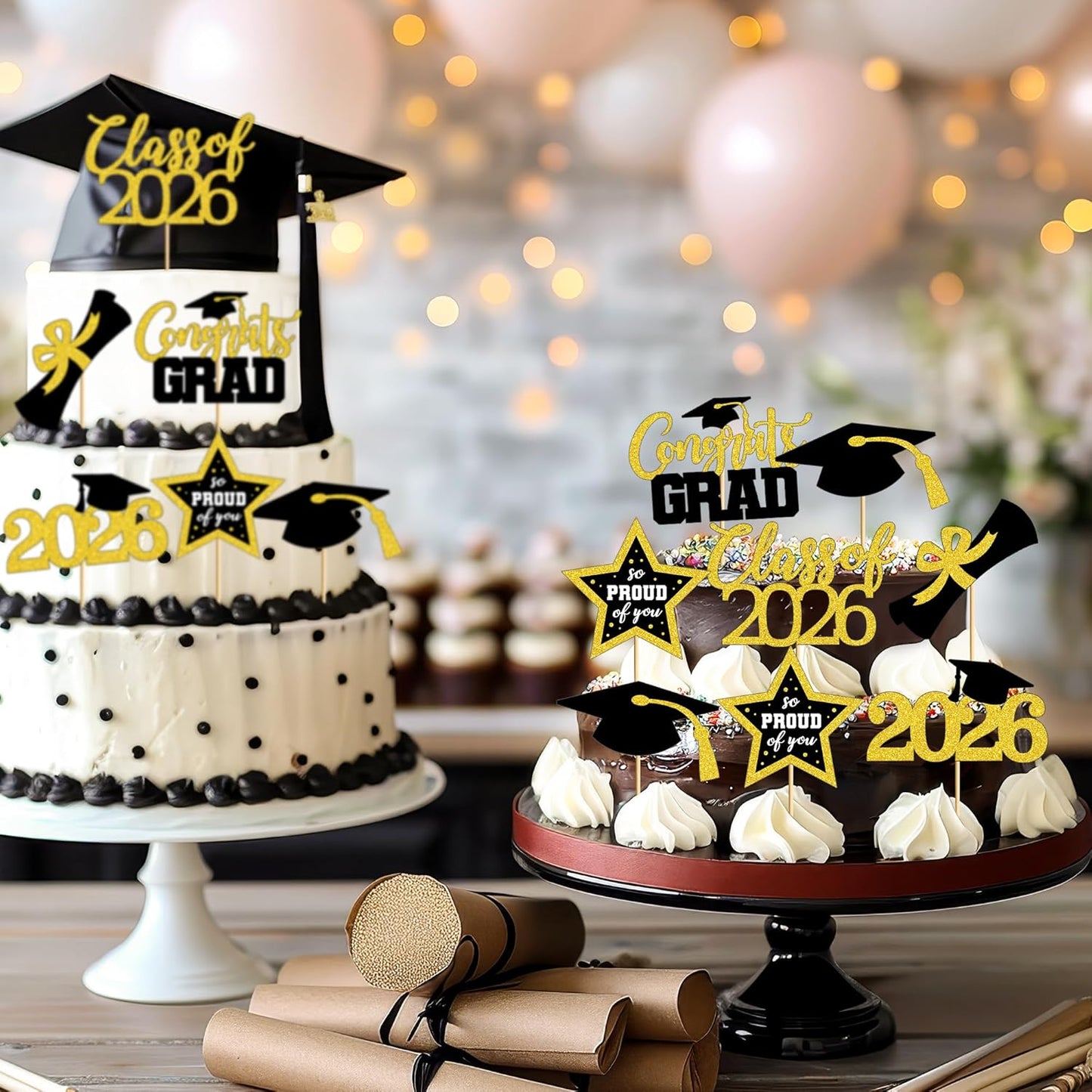 48 PCS Graduation Cupcake Toppers, 6 Styles Congrats Grad Cake Topper, Black and Gold Graduation Decorations 2026, Glittery Cap and Diploma Cake Picks for Grad Party Decor Supplies