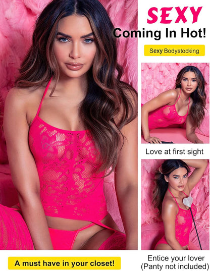 RSLOVE Damen Netz Bodystocking mit befestigten Strümpfen, sexy Dessous, offenem Schritt Body, Einteiler Babydoll, Einheitsgröße