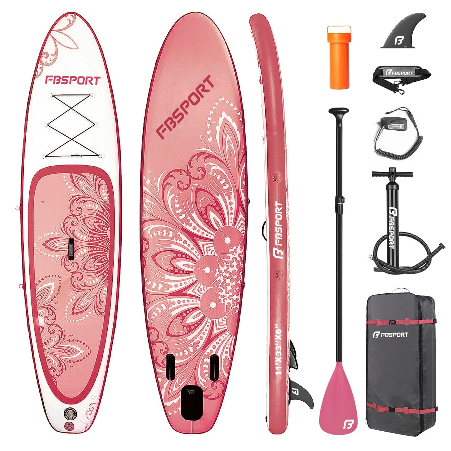 FBSPORT 11' Premium Stand Up Paddle Board, Yoga Board with SUP Accessories & Carry Bag | Wide Stance, Surf Control, Non-Slip Deck, Leash, Paddle and Pump for Youth & Adult