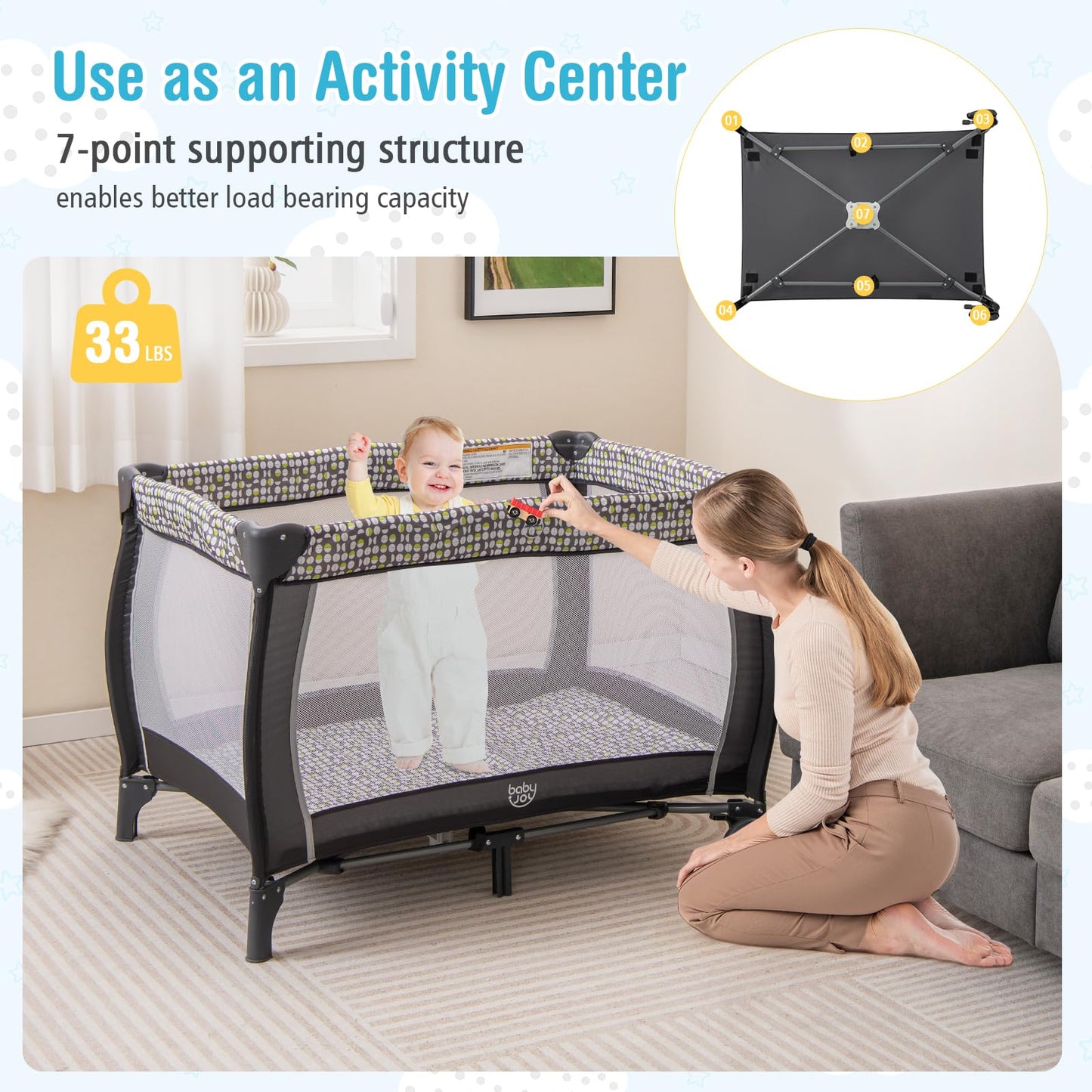 BABY JOY 4 in 1 Pack and Play with Canopy, Portable Baby Playard with Bassinet, Double-Layer Baby Crib, Wheels & Brake, Foldable Baby Girl Pink Bassinet from Newborn to Toddler