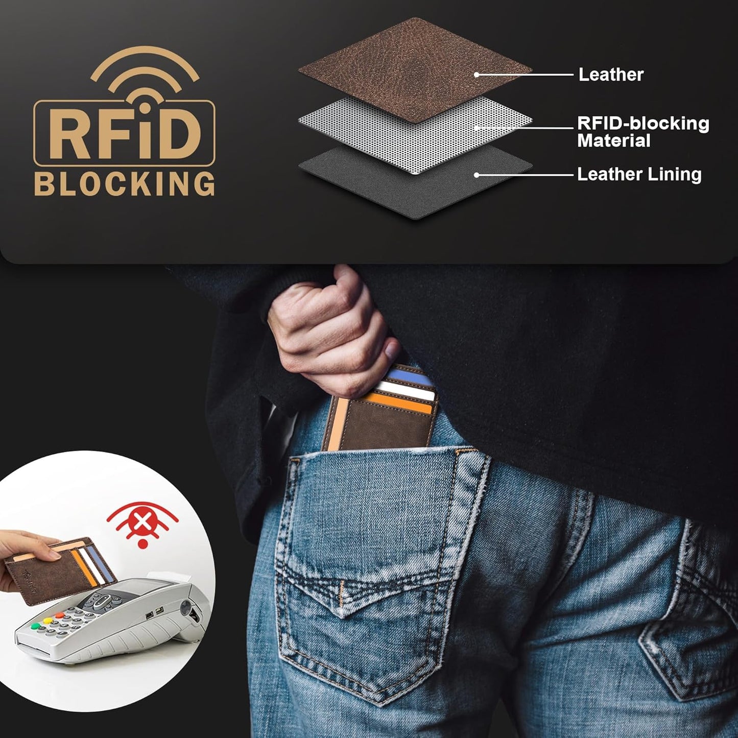 Travelambo Slim Wallet, Fronttasche, minimalistisch, Leder, RFID-blockierend, mittelgroß