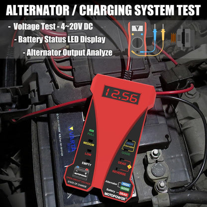 MOTOPOWER MP0514A 12V Digitaler Autobatterietester Voltmeter und Ladesystemanalysator mit LCD-Anzeige und LED-Indikation – Schwarze Gummifarbe