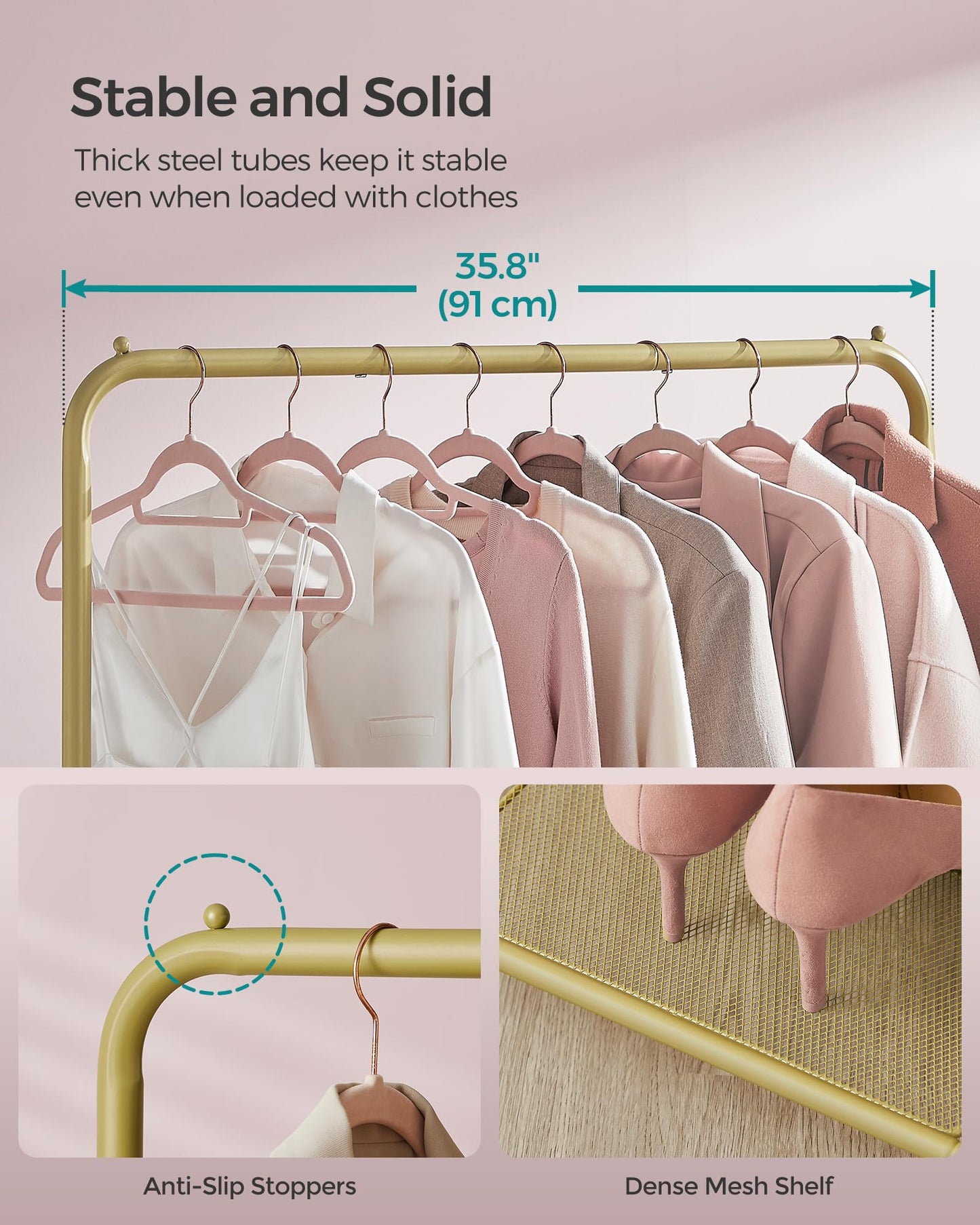 SONGMICS Clothes Rack with Wheels, Clothing Rack for Hanging Clothes, 25.4 mm Metal Garment Rack with Dense Mesh Storage Shelf, 110 lb Load Capacity, 2 Brakes, Black UHSR25BK
