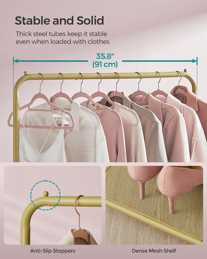SONGMICS Clothes Rack with Wheels, Clothing Rack for Hanging Clothes, 25.4 mm Metal Garment Rack with Dense Mesh Storage Shelf, 110 lb Load Capacity, 2 Brakes, Black UHSR25BK