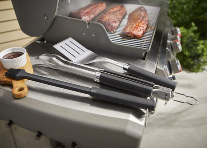 Weber Precision 3‑Piece Grilling Tool Set – Stainless Steel Tongs, Spatula & Silicone Basting Brush with Non‑Slip Handles and Hands‑Free Locking - Grill Accessory Kit