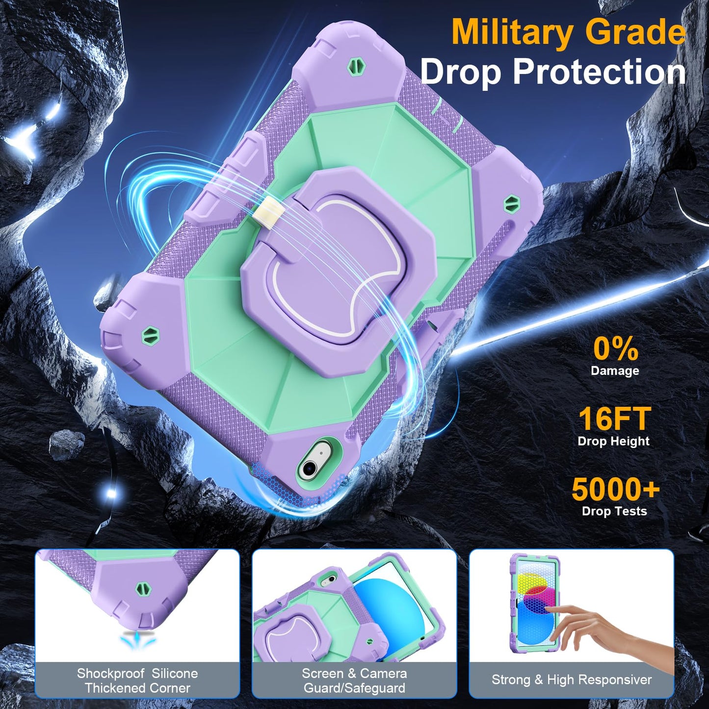 Case for iPad A16 11th Generation 11 Inch 2025, Auorld for iPad 10th Generation 10.9 inch 2022 case with Screen Protector, 360 Degree Rotating Stand Shoulder Strap Pencil Holder, Navy Pink