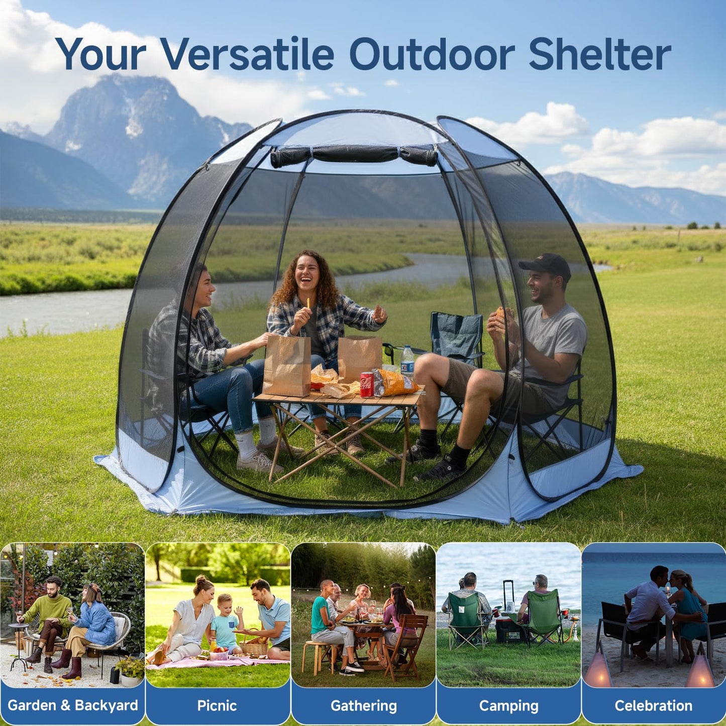 Alvantor Pop Up Screen House Tent, Instant Outdoor Gazebo with Mosquito Netting & UPF 50+ Sun Protection, Portable Canopy Shelter for Patio, Backyard, Camping (2-10 Person)