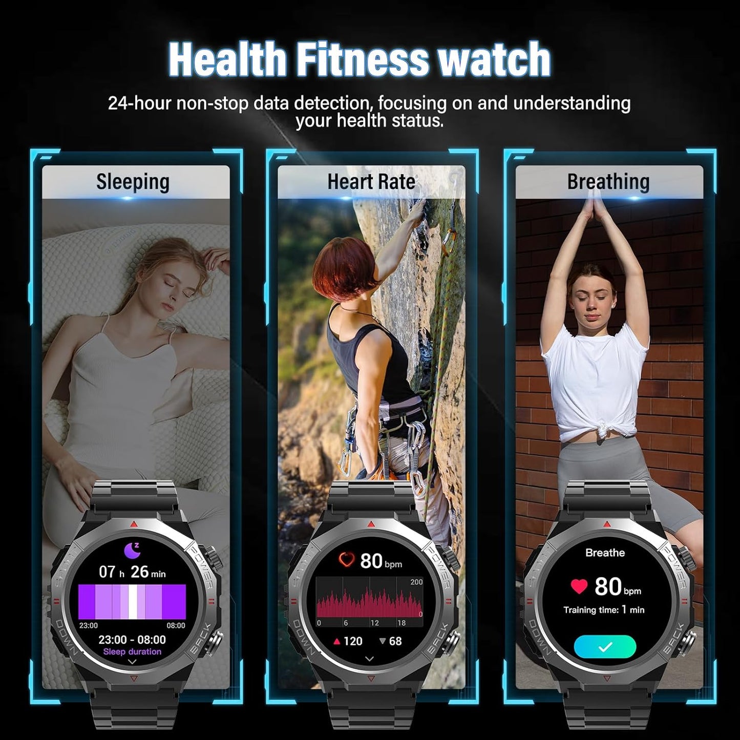 Militärische Smartwatch für Herren (Anrufe entgegennehmen/tätigen), 1,39 Zoll HD-Touchscreen Fitness Tracker mit Schlaf-/Herzfrequenz-/Blutsauerstoffüberwachung, 110+ Sportmodi, IP68 Wasserdichte Smartwatch für iPhone Android, Schwarz