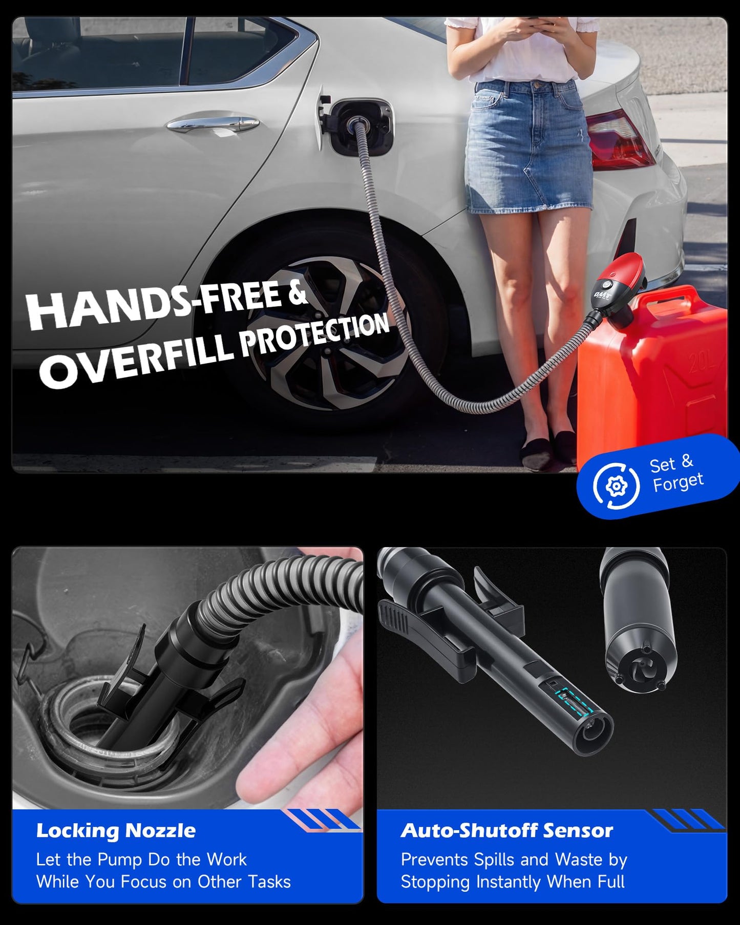 Orion Motor Tech Electric Fuel Transfer Pump with Auto-Shutoff, 3.2GPM Gas Can Pump, 51" Hose, USB-C & AA Battery (NO BATTERIES INCLUDED) Powered, 4 Adapters for Gasoline, Diesel, Kerosene, Blue