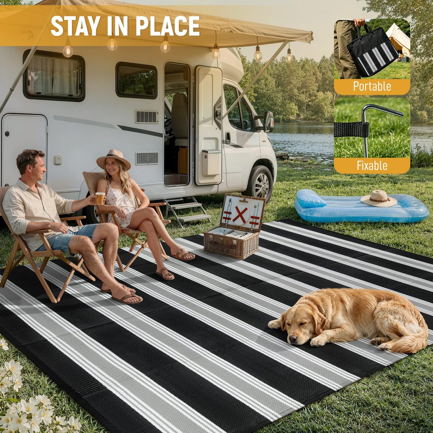 Lahome Outdoor Rugs 8x10 Waterproof, Reversible Outdoor Plastic Straw Rug for Camping Patio, RV Outdoor Rugs Outside, Outdoor Carpet for Porch Deck Backyard Picnic(Blue/Yellow,8'x 10')