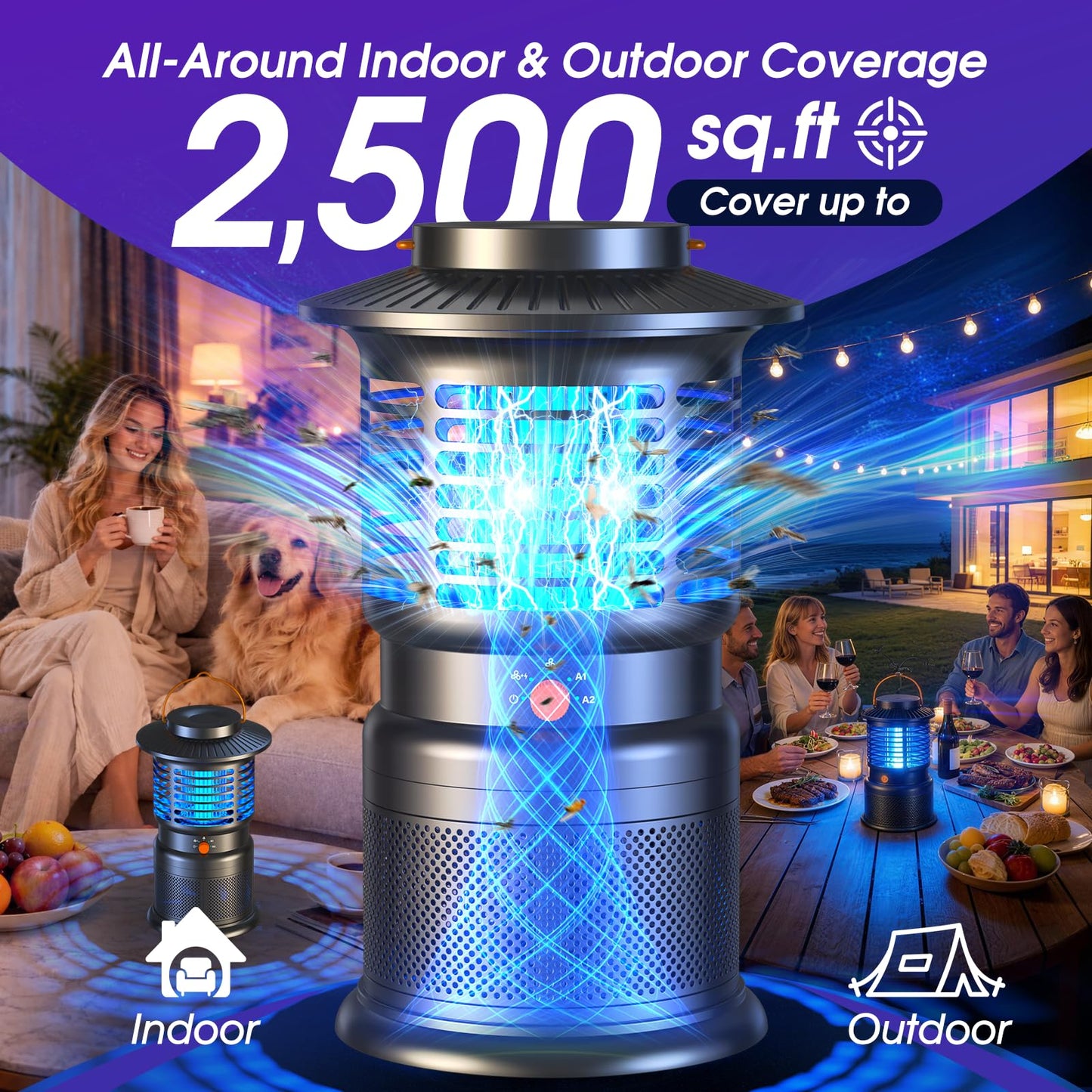 Bug Zapper Outdoor, 2-in-1 Mosquito Zapper with Attraction Light & Airflow Trap, 12H Long-Lasting Rechargeable Cordless Fly Zapper, Auto ON/Off, IPX5 Waterproof or Patio, Camping, Garage