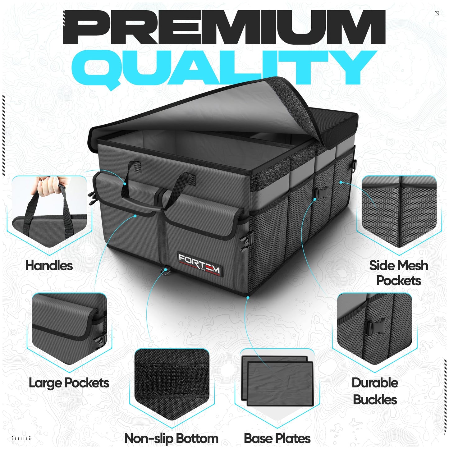 FORTEM Car Trunk Organizer, Collapsible Multi Compartment Car Organizer, Foldable SUV Storage for Car Accessories for Women Men, Non Slip Bottom, Securing Straps, Soft Cover 50L (Black, Standard)