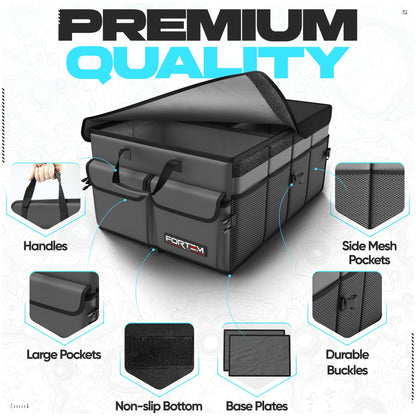 FORTEM Car Trunk Organizer, Collapsible Multi Compartment Car Organizer, Foldable SUV Storage for Car Accessories for Women Men, Non Slip Bottom, Securing Straps, Soft Cover 50L (Black, Standard)