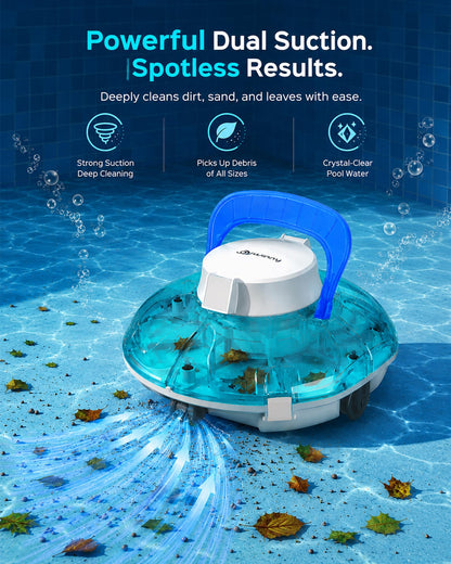 (2026 Upgrade) Cordless Pool Vacuum for Above Ground Pool, Automatic Pool Cleaner Robot Cleaning Up to 660 sq.ft, Dual-Layer Filtration, 90 Mins Runtime, Self-Parking, with Hook (Light Tinted Black)