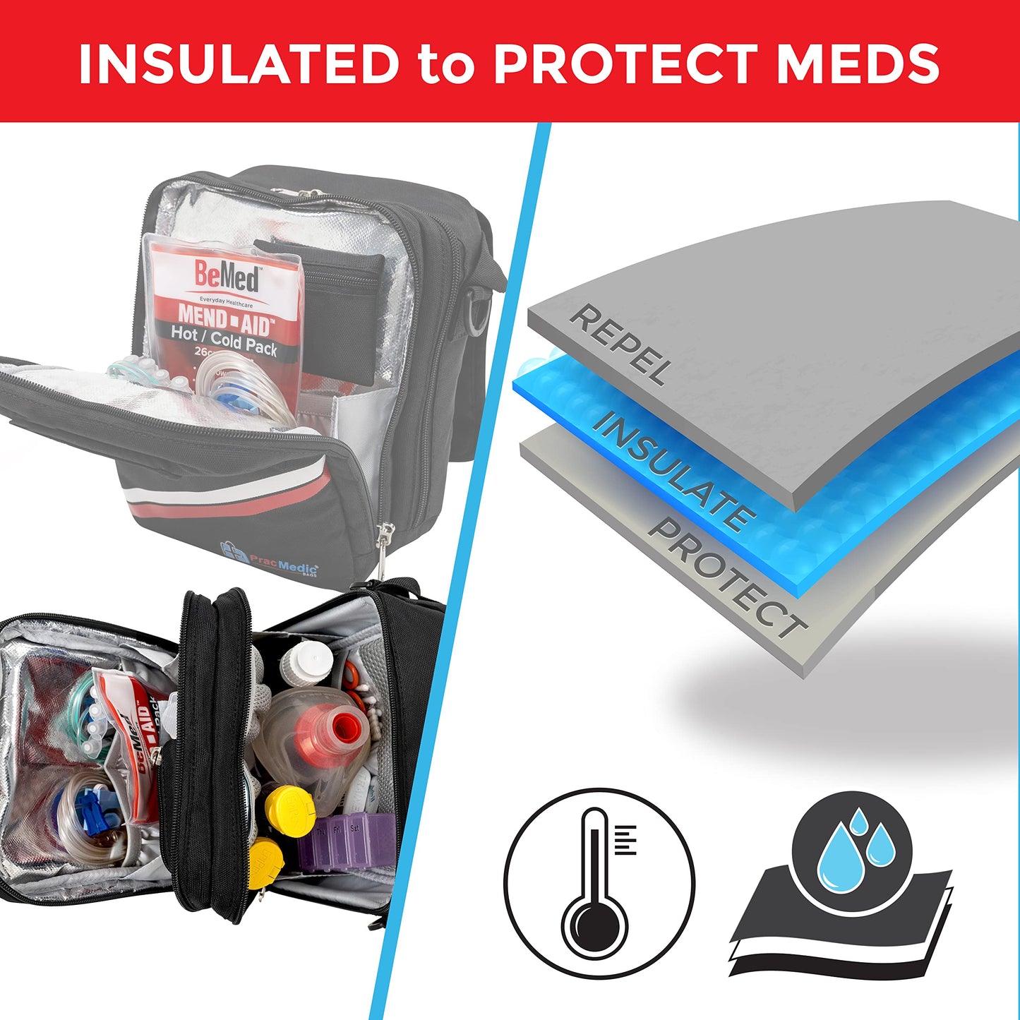 PracMedic Bags Travel Medicine Bag- First Aid Bags Empty or Epipen Carry Case for Insulin Pens, Pill Bottles, Diabetic Supply, Asthma Inhaler Spacer, Allergy Meds or First Aid Supplies (Red)