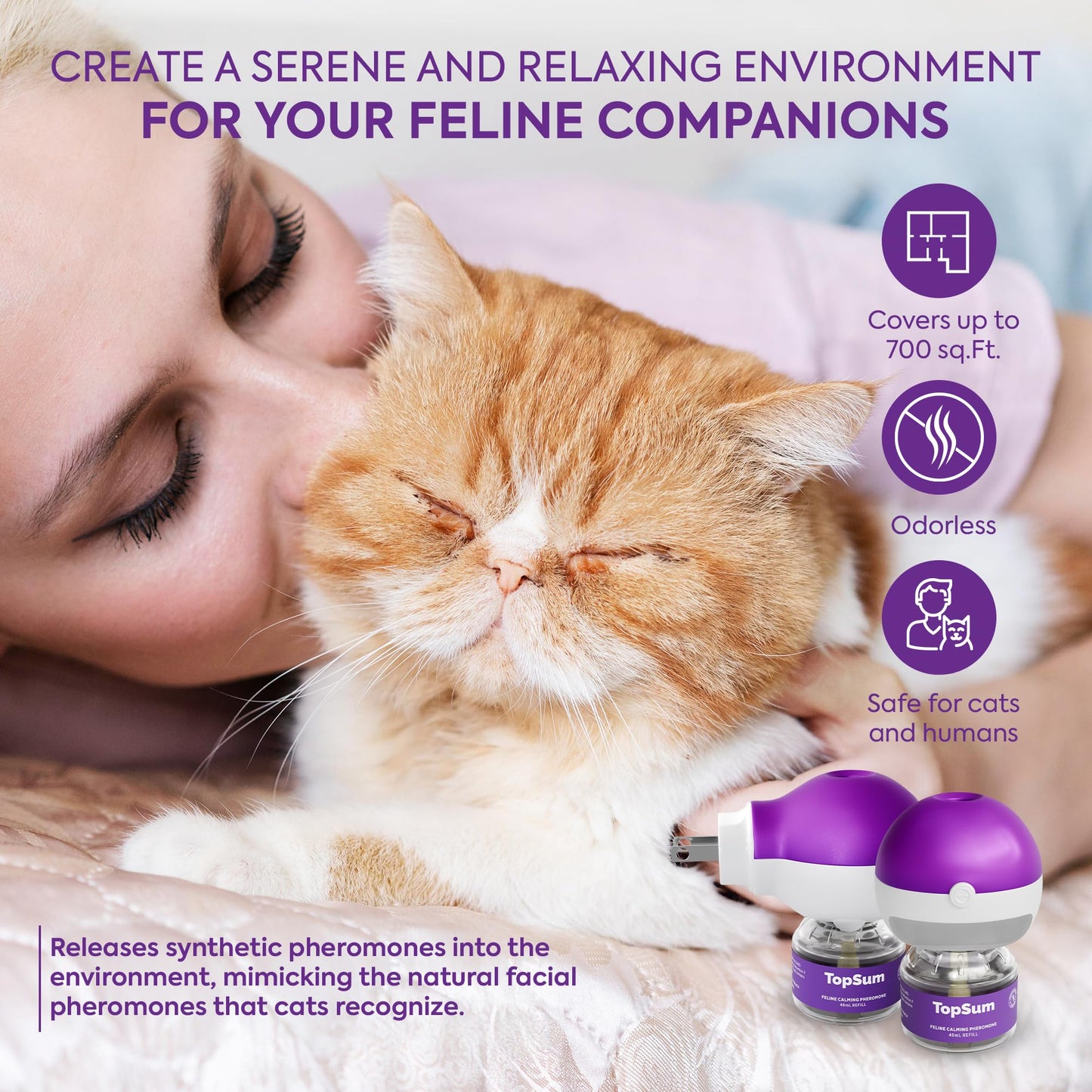 TopSum Cat Calming Pheromone Diffuser: Feline Pheromones Plug in for Stress, Alone At Home, Spraying, Fighting, Scratching, Aggression & Excessive Meowing (Purple– 6 Refills)