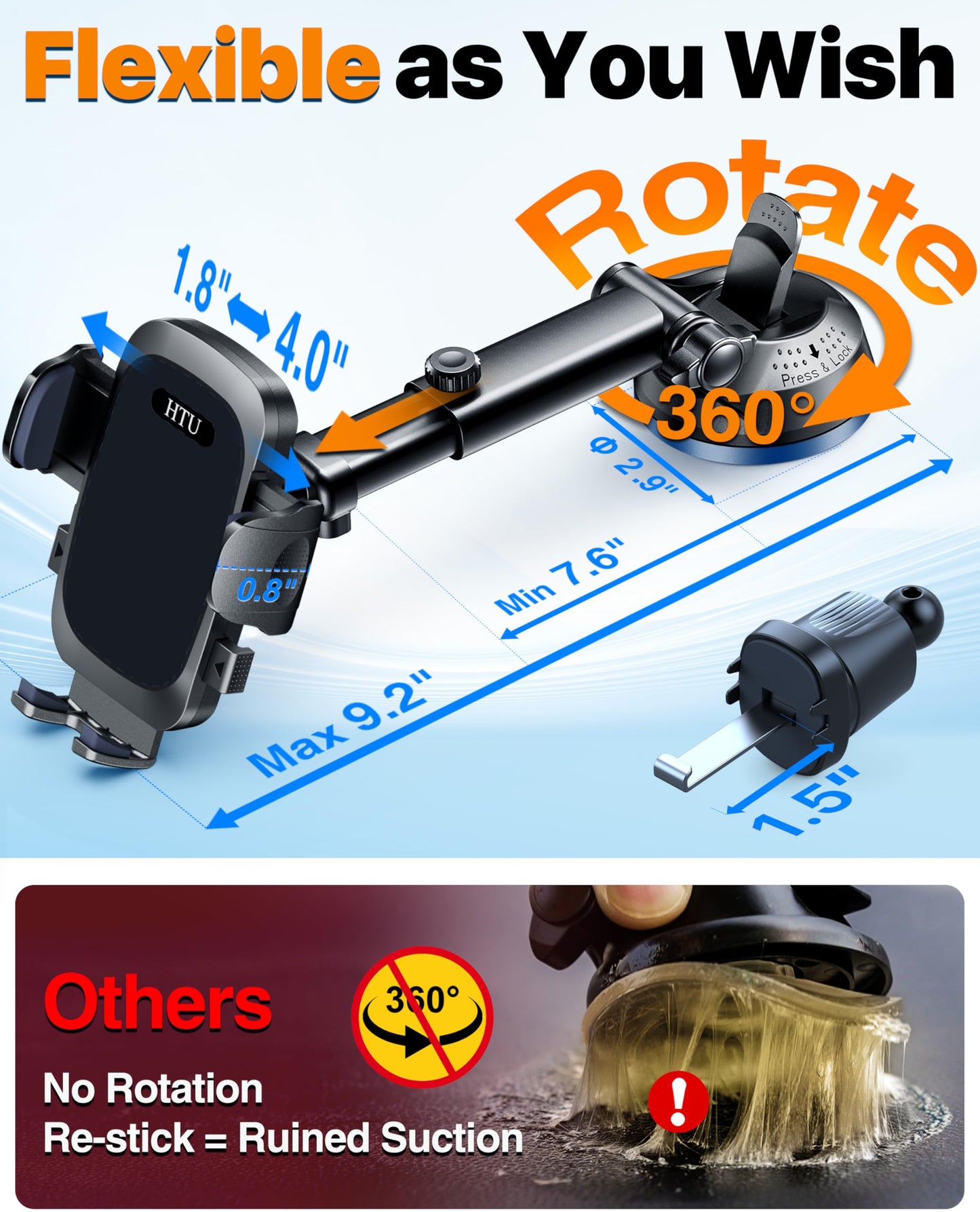 2026 Ultimate Best【True Military-Grade & Safety Cert】Car Phone Holder HTU【Upgraded 360 Rotation & 100+LBS Strongest Suction】5-in-1 Truck Windshield Dashboard Vent Mount Stand for iPhone Android, Black
