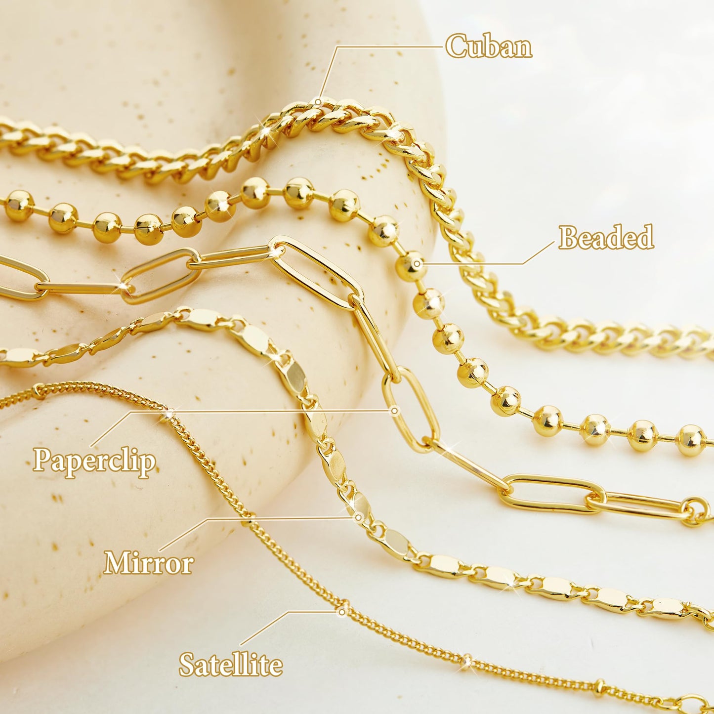 Goldarmbänder für Frauen Stapel Nicht Anlaufen, 14K Vergoldete Stapelbare Armbänder Set für Frauen Trendy, Wasserdicht Einfacher Schmuck Sets Geschenke Inklusive Perlen-/Kuban-/Büroklammer-/Fischgräten-/Seilglieder-Kette, Modeaccessoires