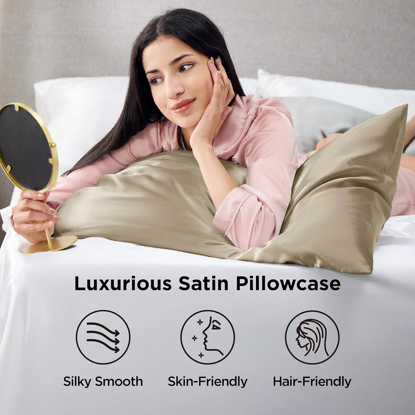Bedsure Satin-Kissenbezug, Queen-Size, 2er-Pack, Seidenkissenbezügen ähnlich, seidige Kissenhüllen mit Hotelverschluss, Raumdeko, Valentinsgeschenke für Frauen und Männer, Grau, 50x75 cm