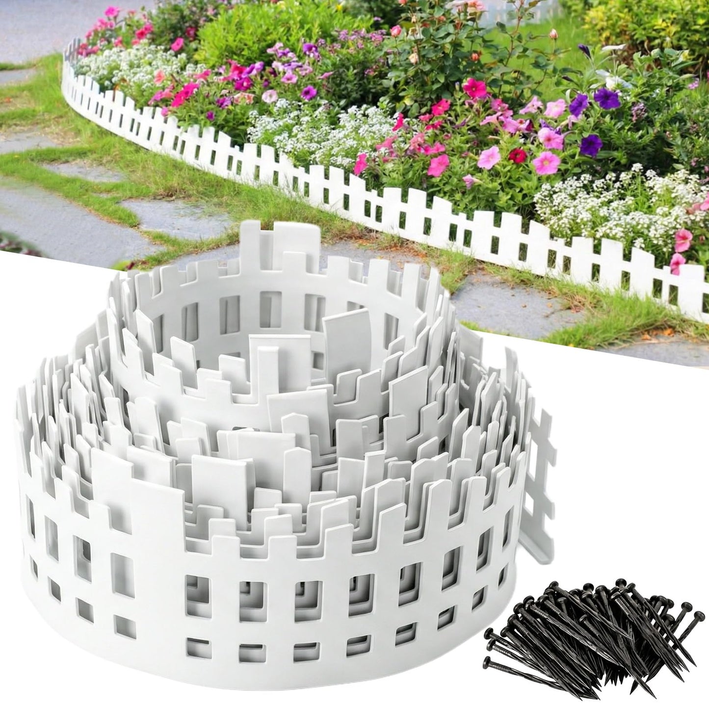 2-Inch x 66 FT Landscape Edging Border with 100 Spikes, No Dig Garden Border Edging Kit, Plastic Edging Border Flexible for Garden Flower Beds Lawn Yard Paver Pathway (Black)
