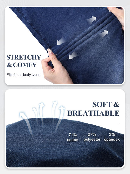 UCOOLYN Pull On Wide Leg Jeans für Damen, High Waisted Bauchkontrolle Stretchy Baggy Trendy Straight Denim Hose mit Taschen für die Arbeit Dunkelblau