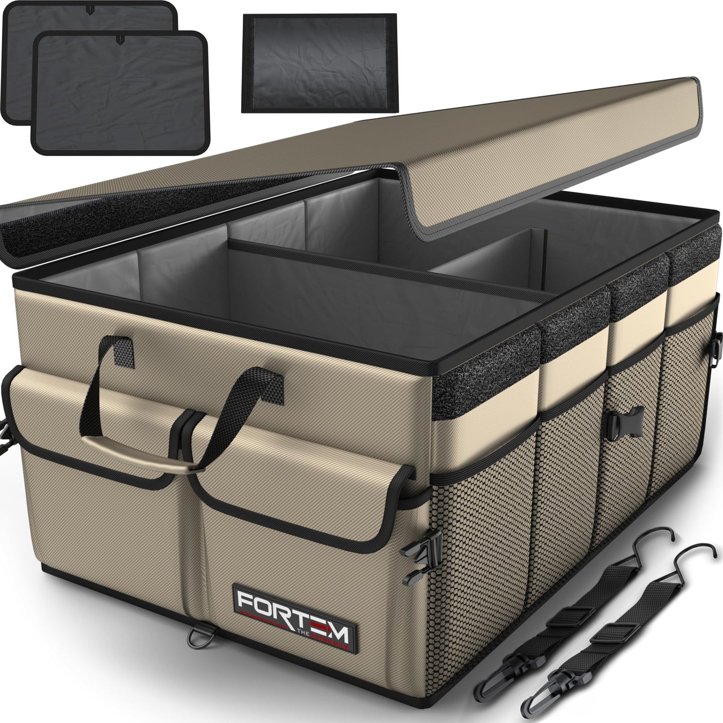 FORTEM Car Trunk Organizer, Collapsible Multi Compartment Car Organizer, Foldable SUV Storage for Car Accessories for Women Men, Non Slip Bottom, Securing Straps, Soft Cover 50L (Black, Standard)