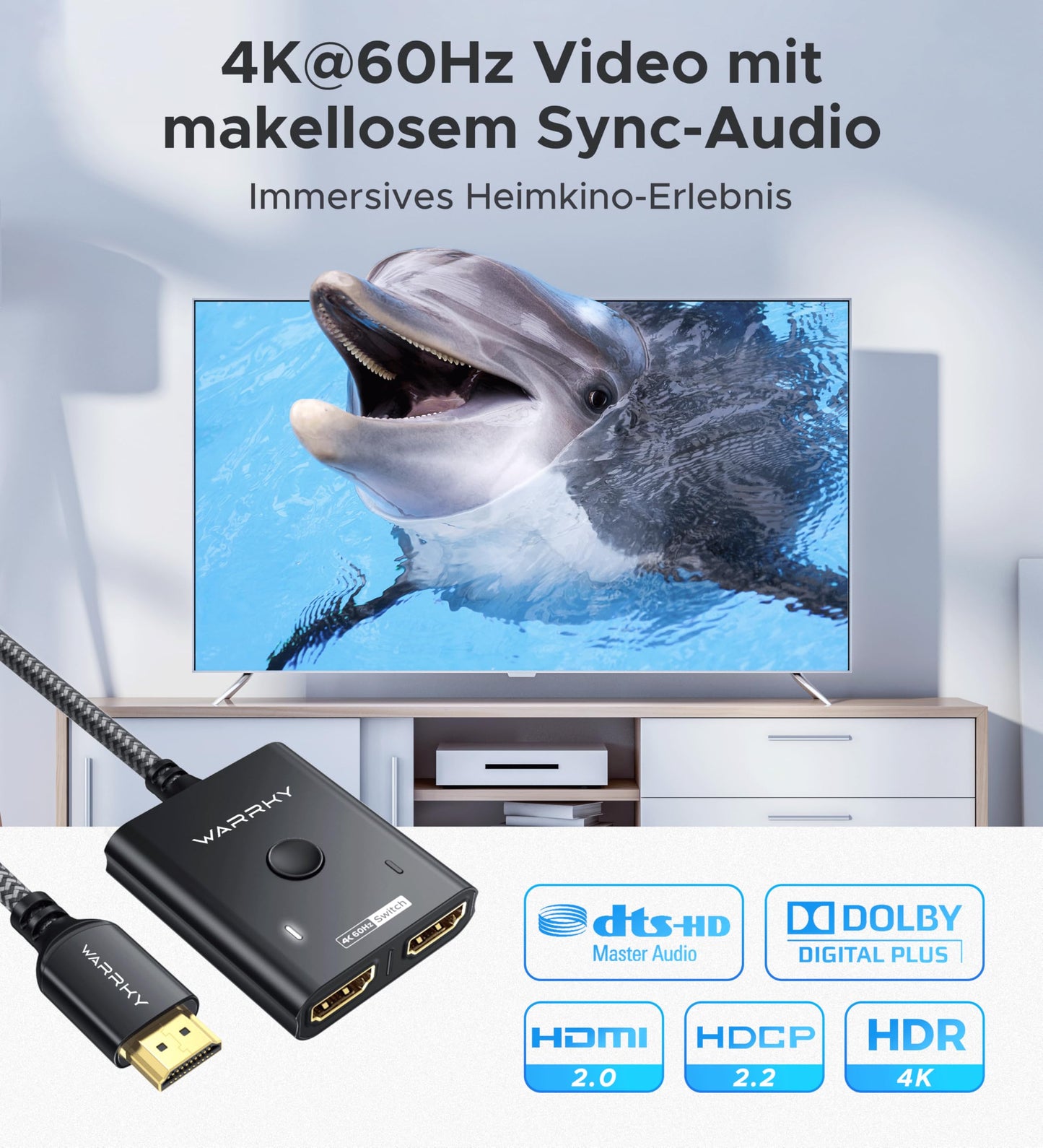 HDMI-Umschalter 2 Eingänge 1 Ausgang 4K@60Hz, WARRKY [mit 1m festem geflochtenen HDMI-Kabel, Aluminiumgehäuse, 2K@144Hz, HDCP 2.2] Bidirektionaler 2x1 Switcher Splitter kompatibel mit PS5/4, Xbox, Roku, FireStick, Switch