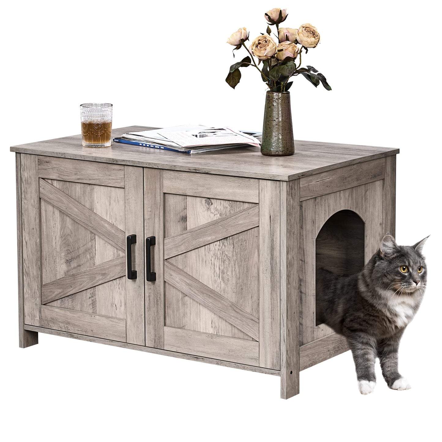 Homhedy Cat Litter Box Enclosure, Wooden Cat Washroom Furniture with Barn Door, Pet House, Fit Most of Litter Box, White