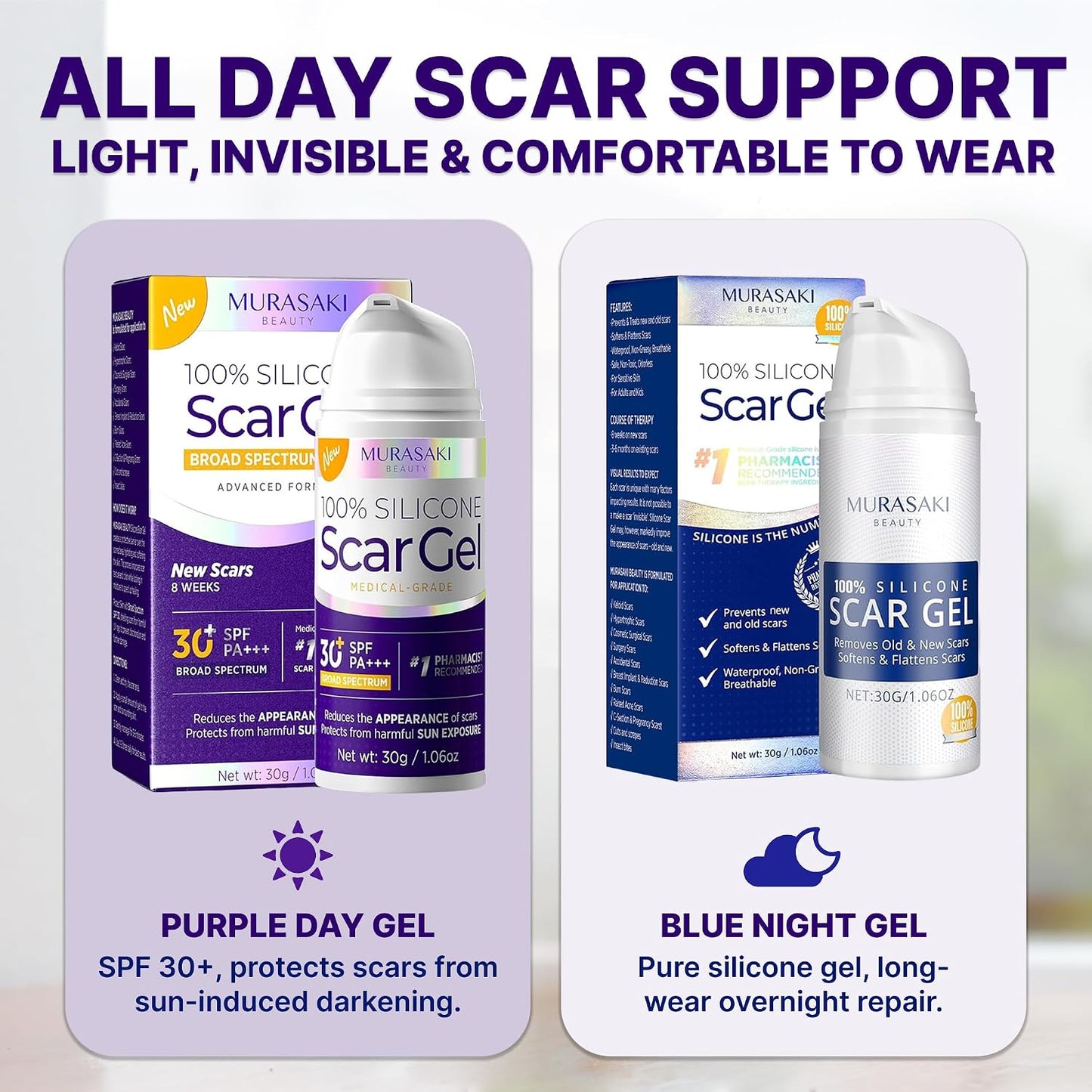 Silicone Scar Gel Day & Night Set - 100% Medical-Grade Silicone + SPF 30 Scar Cream for Surgical Scars, C-Section, Burns, Acne, Stretch Marks, Keloids – 1.06oz x 2 Tubes
