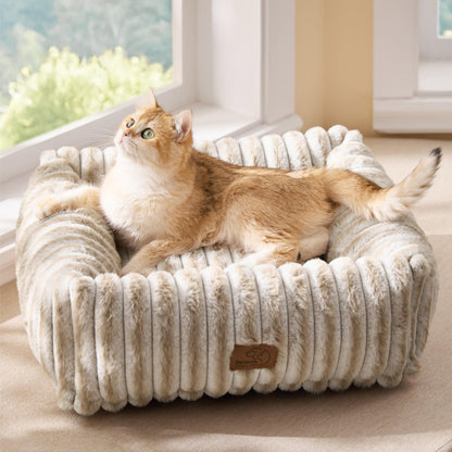 Bedsure ComfyFleece™ Cute Dog Bed for Small Medium Dogs - Washable Furry Puppy Beds, Rectangle Orthopedic Corduroy Fleece Pet Beds with Removable Zipper Cover, 25x21x7inches, Cream