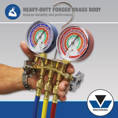 Mastercool 59161 2-Way Heavy Duty Brass Manifold Gauge Set with 3 1/8" Silicone Dampened Gauges and 1/4" SAE Fittings for R410a, R22, R404A - U.S. Assembled & Tested with 60" Hoses