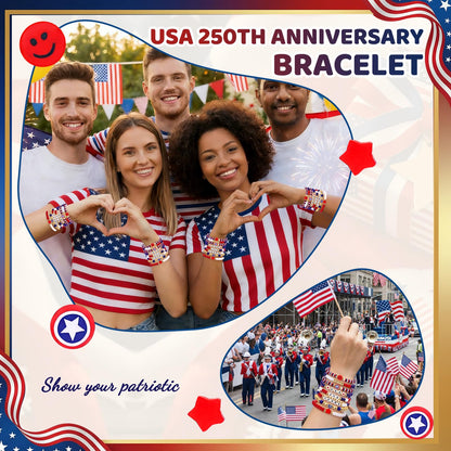 250 Anniversary USA Merchandise 4th of July Outfits for Women Men Teens Red White Blue Clay Beaded Stretch Bracelets USA Patriotic Jewelry 4th of July Accessories
