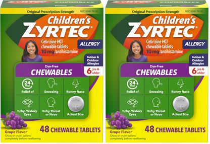 Zyrtec Children's Dye-Free Chewables for 24 Hour Allergy Relief, 10 mg Cetirizine Hydrochloride Antihistamine Tablets, Kids Allergy Medicine Relieves Sneezing & Itchy Throat, Grape, 48 ct(Pack of 2)